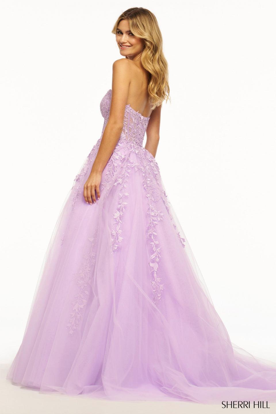 Sherri Hill Strapless Leaf Lace Ball Gown With Sheer Corset Bodice
