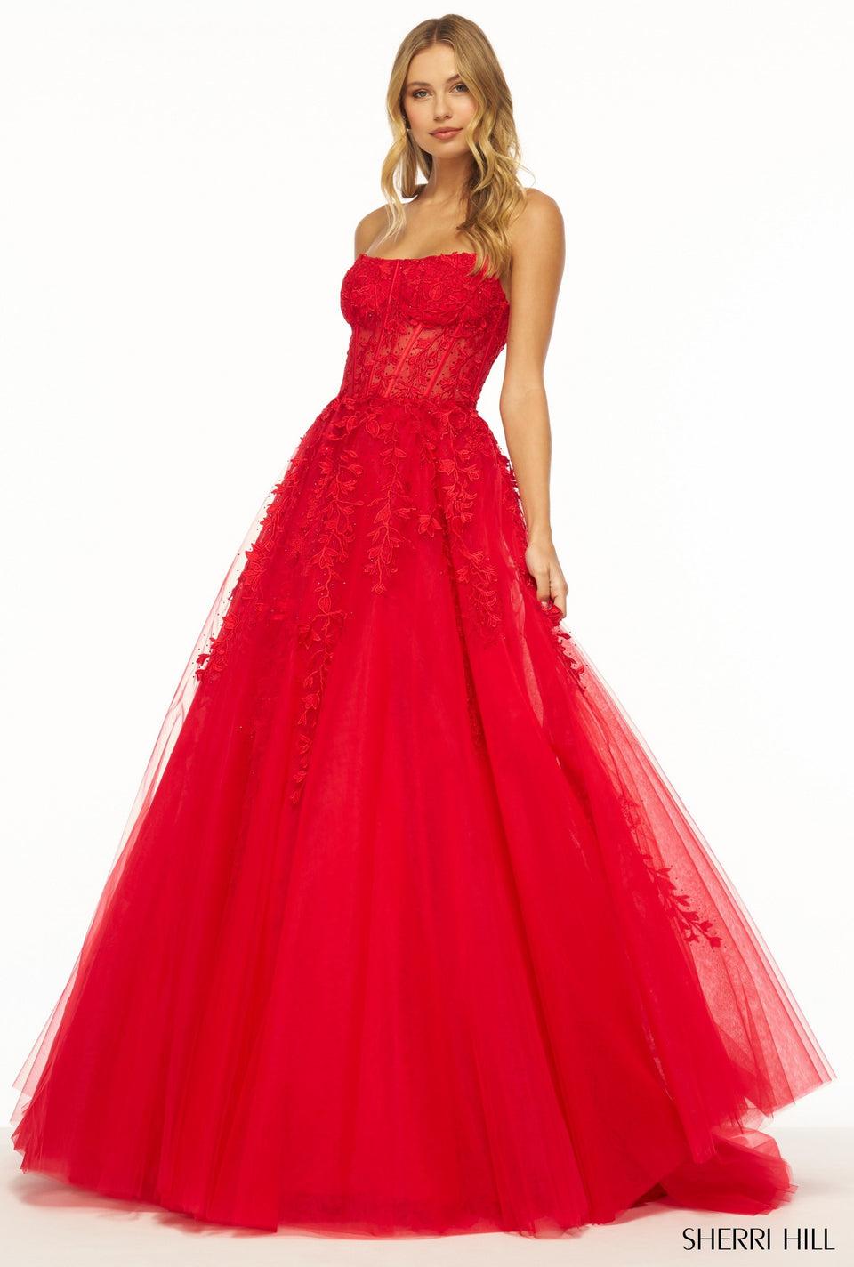 sherri hill Strapless leaf lace ball gown with sheer corset bodice