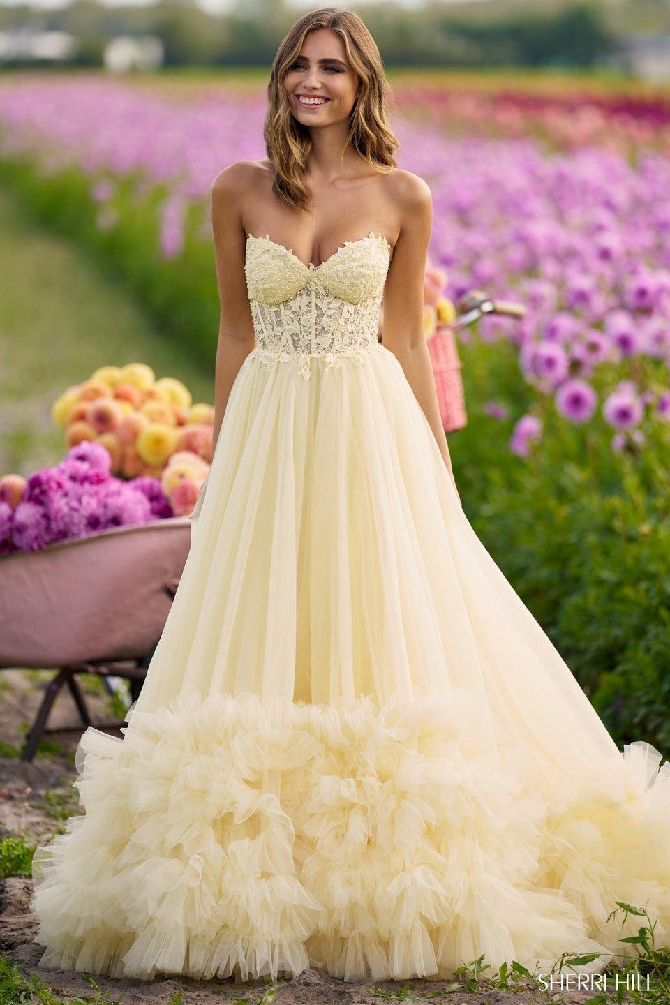 Sherri Hill Strapless Leaf Lace Ball Gown With Tulle Ruffle Skirt And Lace Up Back