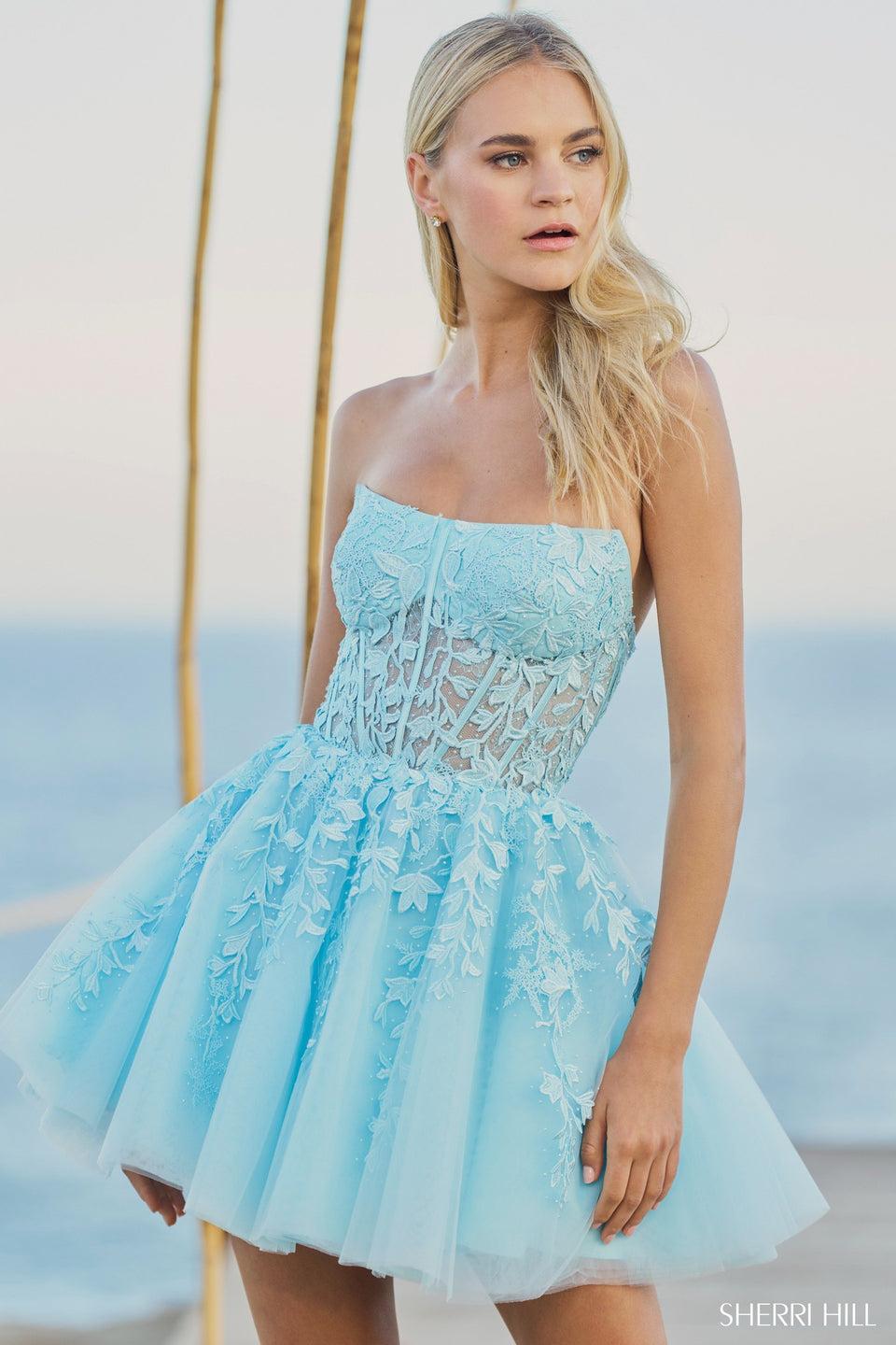 Sherri Hill Strapless Leaf Lace Cocktail Dress With Sheer Corset Bodice And Tulle Skirt