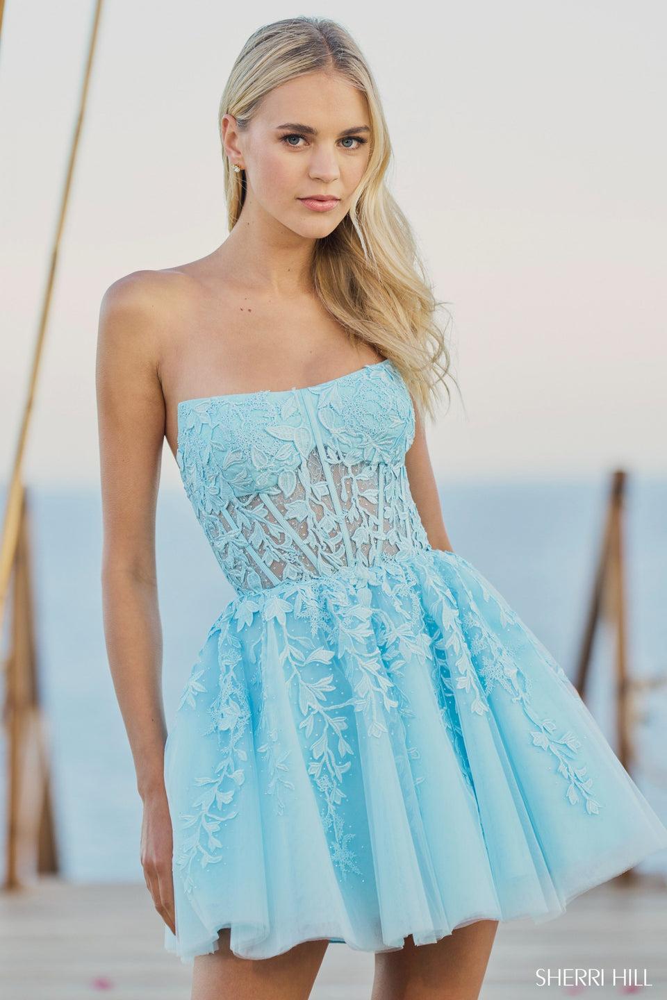 sherri hill Strapless leaf lace cocktail dress with sheer corset bodice and tulle skirt