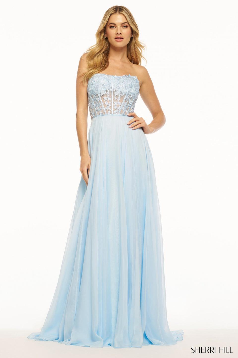 Sherri Hill Strapless Leaf Lace Corset Gown With Chiffon Skirt