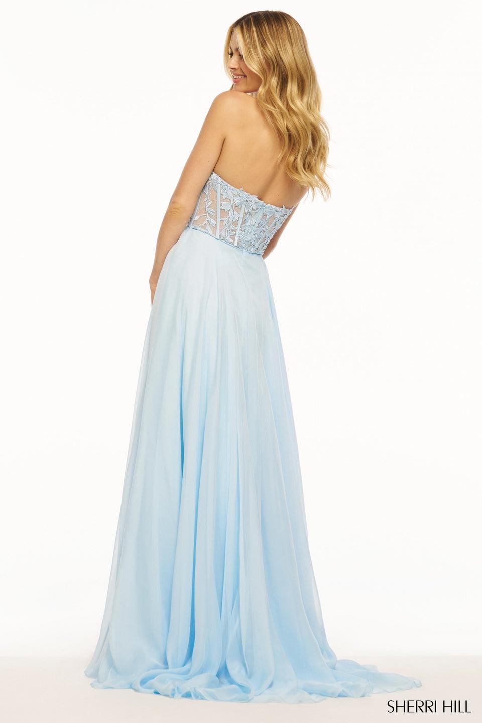 Sherri Hill Strapless Leaf Lace Corset Gown With Chiffon Skirt