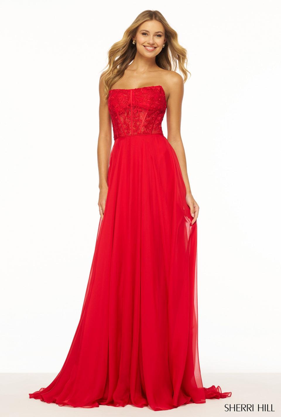 Sherri Hill Strapless Leaf Lace Corset Gown With Chiffon Skirt