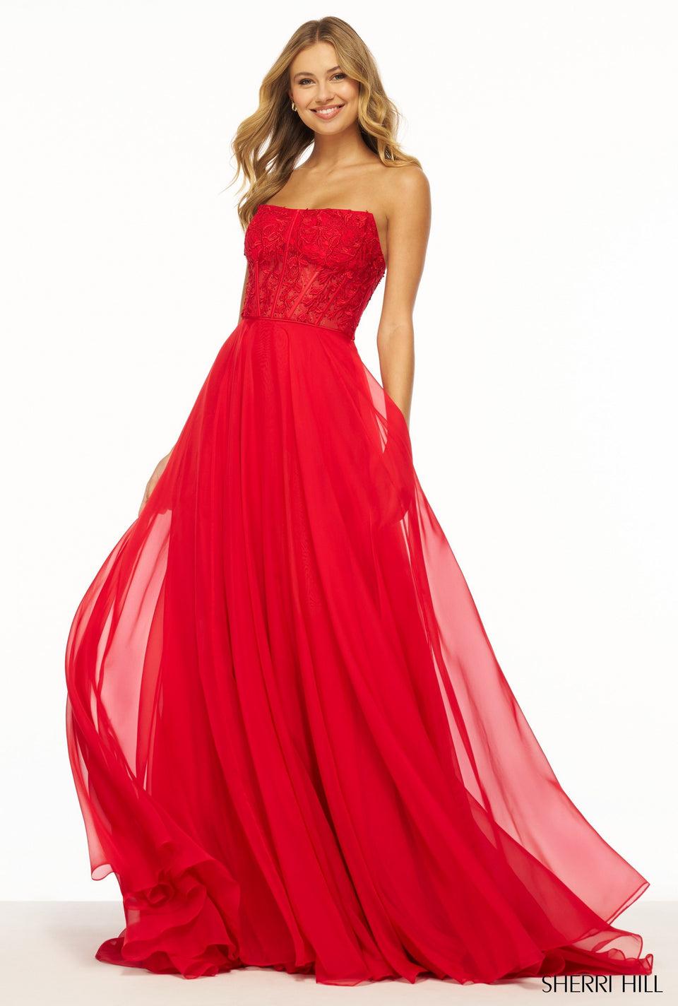 sherri hill Strapless leaf lace corset gown with chiffon skirt