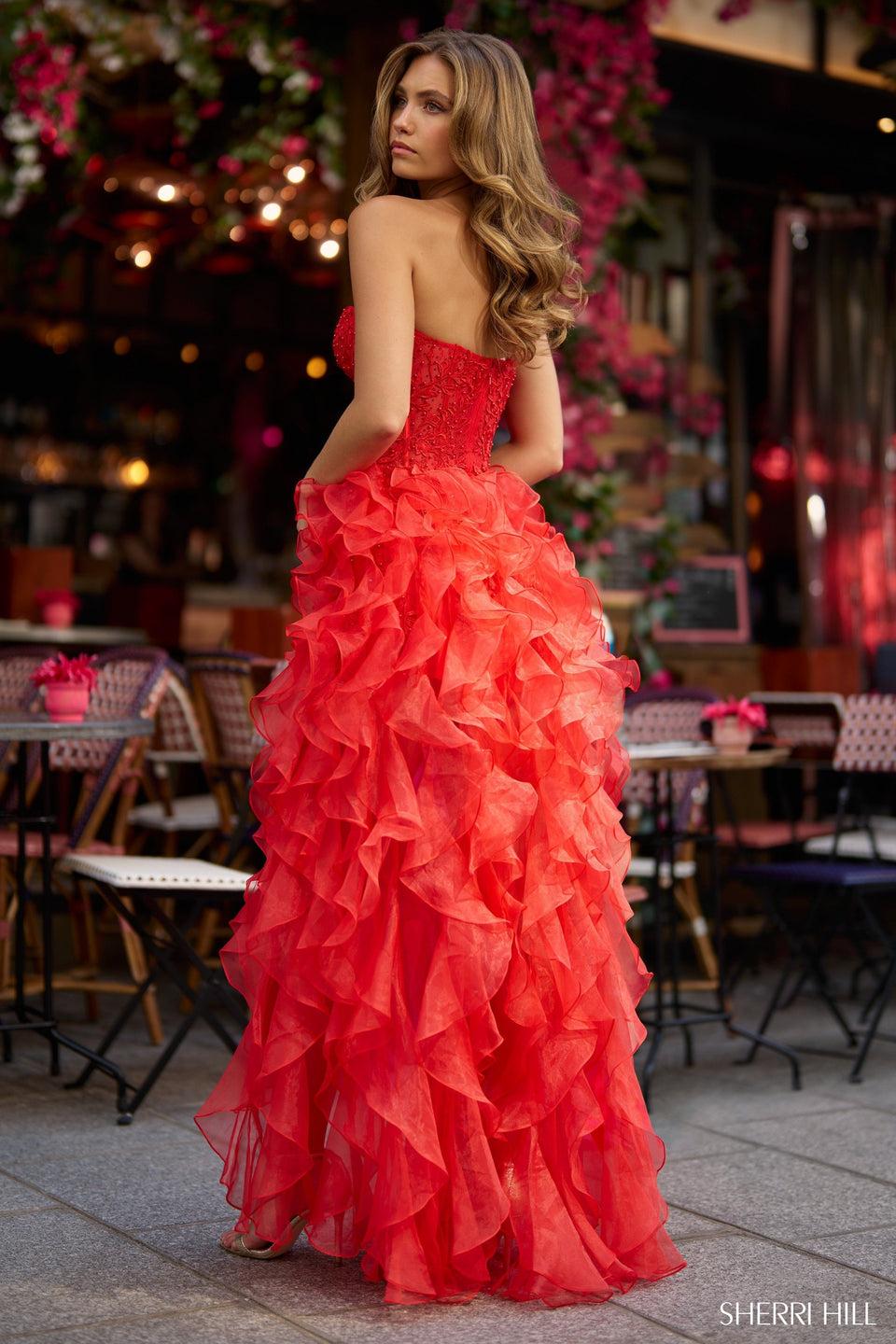 Sherri Hill Strapless Leaf Lace High-low Gown With Chiffon Spiral Ruffles And Skirt Slit
