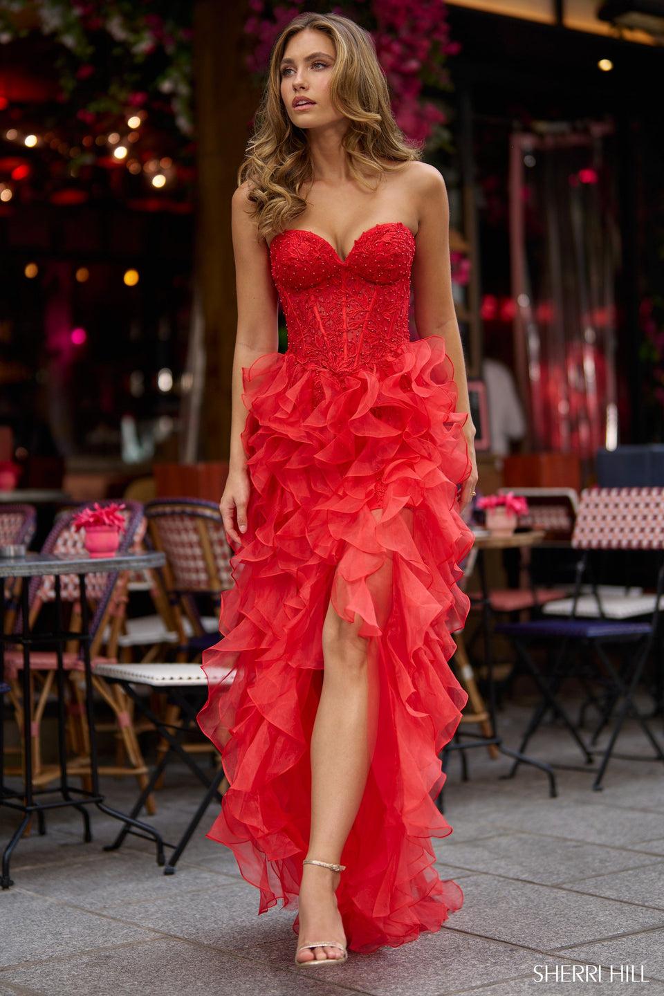 Sherri Hill Strapless Leaf Lace High-low Gown With Chiffon Spiral Ruffles And Skirt Slit