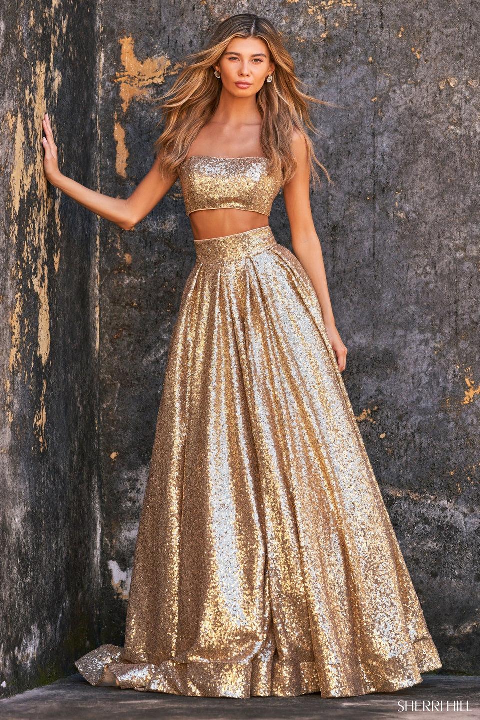 Sherri Hill Strapless Machine Sequin Two-piece Ball Gown