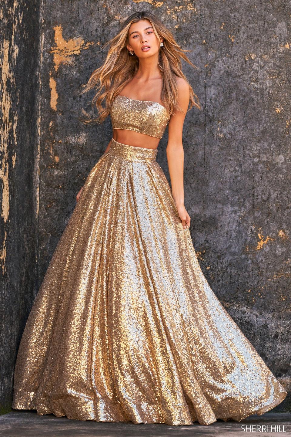 sherri hill Strapless machine sequin two-piece ball gown