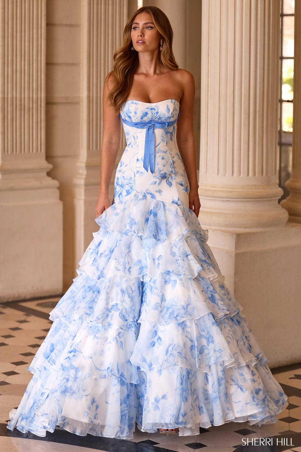 Sherri Hill Strapless Mermaid Floral Gown With Chiffon Ruffle Skirt