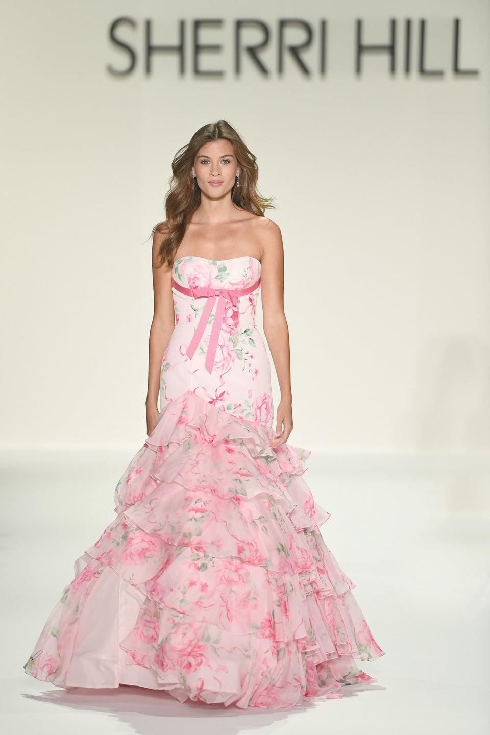 Sherri Hill Strapless Mermaid Floral Gown With Chiffon Ruffle Skirt