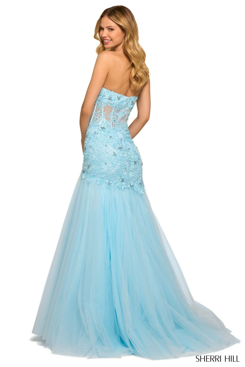 Sherri Hill Strapless Mermaid Gown With Corset Sheer Leaf Lace Bodice And Tulle Skirt