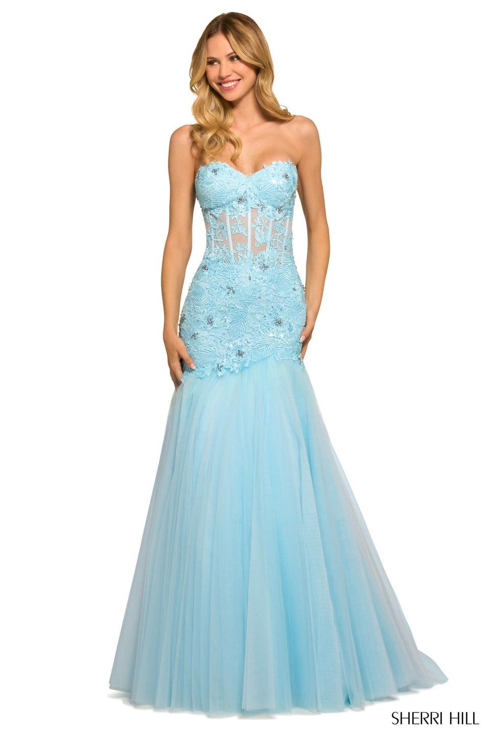 sherri hill Strapless mermaid gown with corset sheer leaf lace bodice and tulle skirt