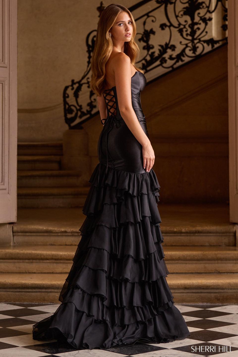 Sherri Hill Strapless Mermaid Gown With Stretch Satin Bodice And Chiffon Ruffle Skirt With Slit