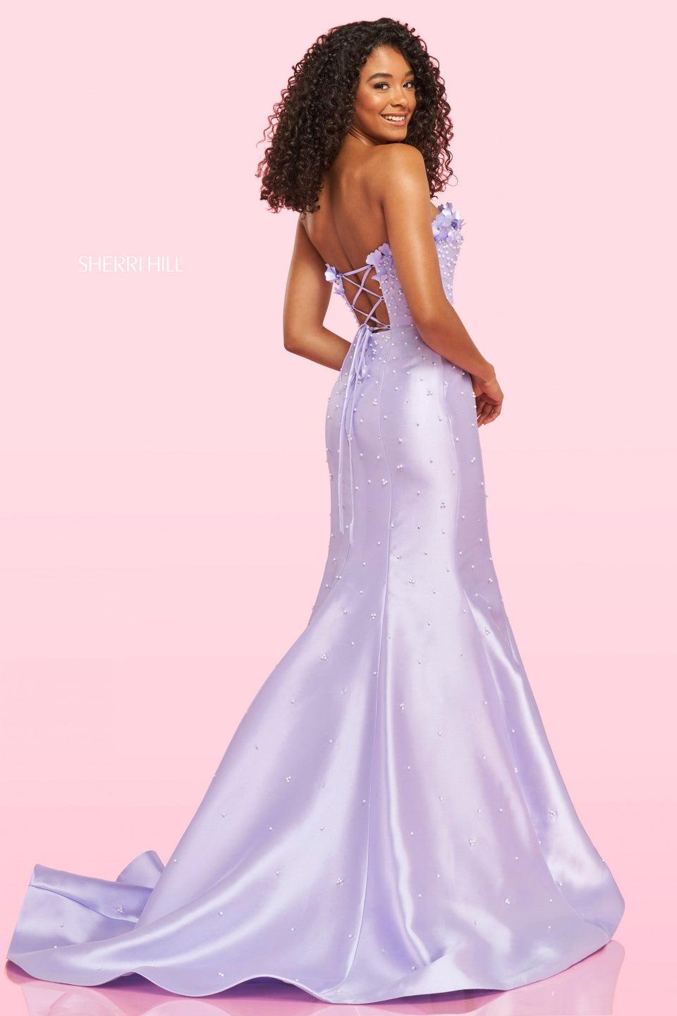 Sherri Hill Strapless Mermaid Mikado Gown With 3D Flowers On The Sweetheart Neckline Delicate Pearls And A Corset Lace Up Back
