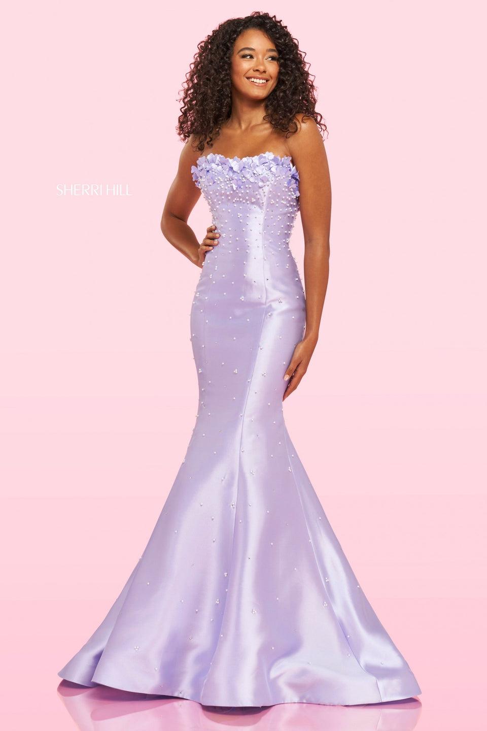 sherri hill Strapless mermaid mikado gown with 3D flowers on the sweetheart neckline delicate pearls and a corset lace up back