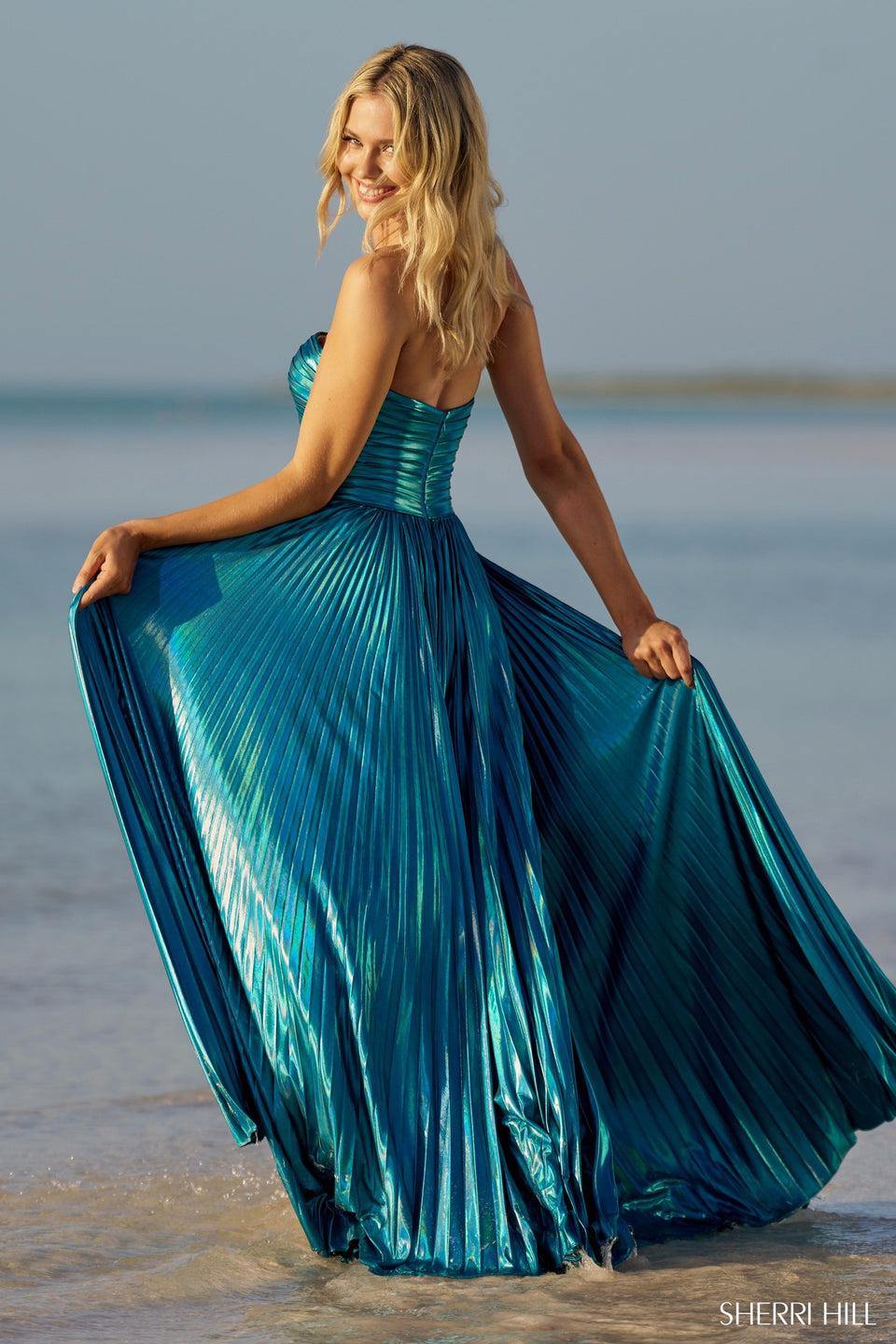 Sherri Hill Strapless Metallic A-line Gown With Pleaded Skirt And Slit