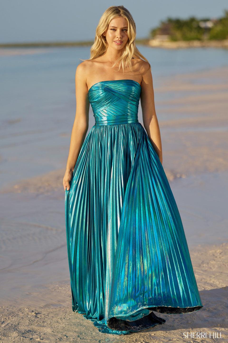 Sherri Hill Strapless Metallic A-line Gown With Pleaded Skirt And Slit