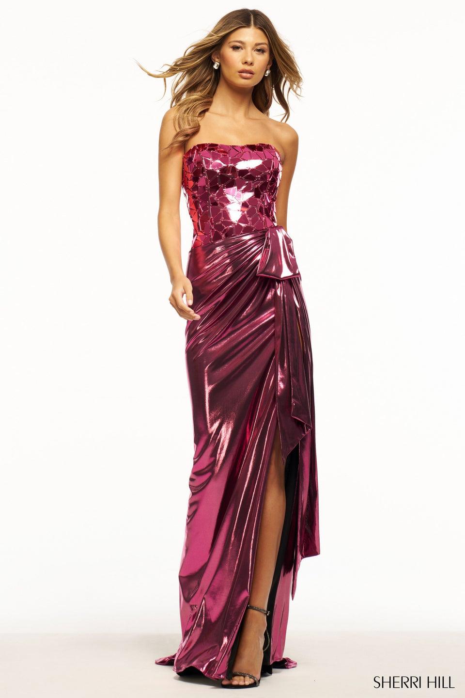 Sherri Hill Strapless Metallic Gown With Glass Cut Mirror Bodice And Skirt Slit