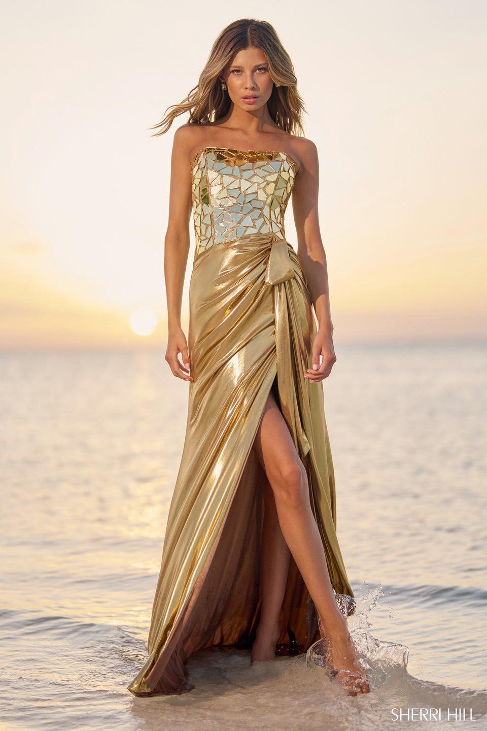 Sherri Hill Strapless Metallic Gown With Glass Cut Mirror Bodice And Skirt Slit