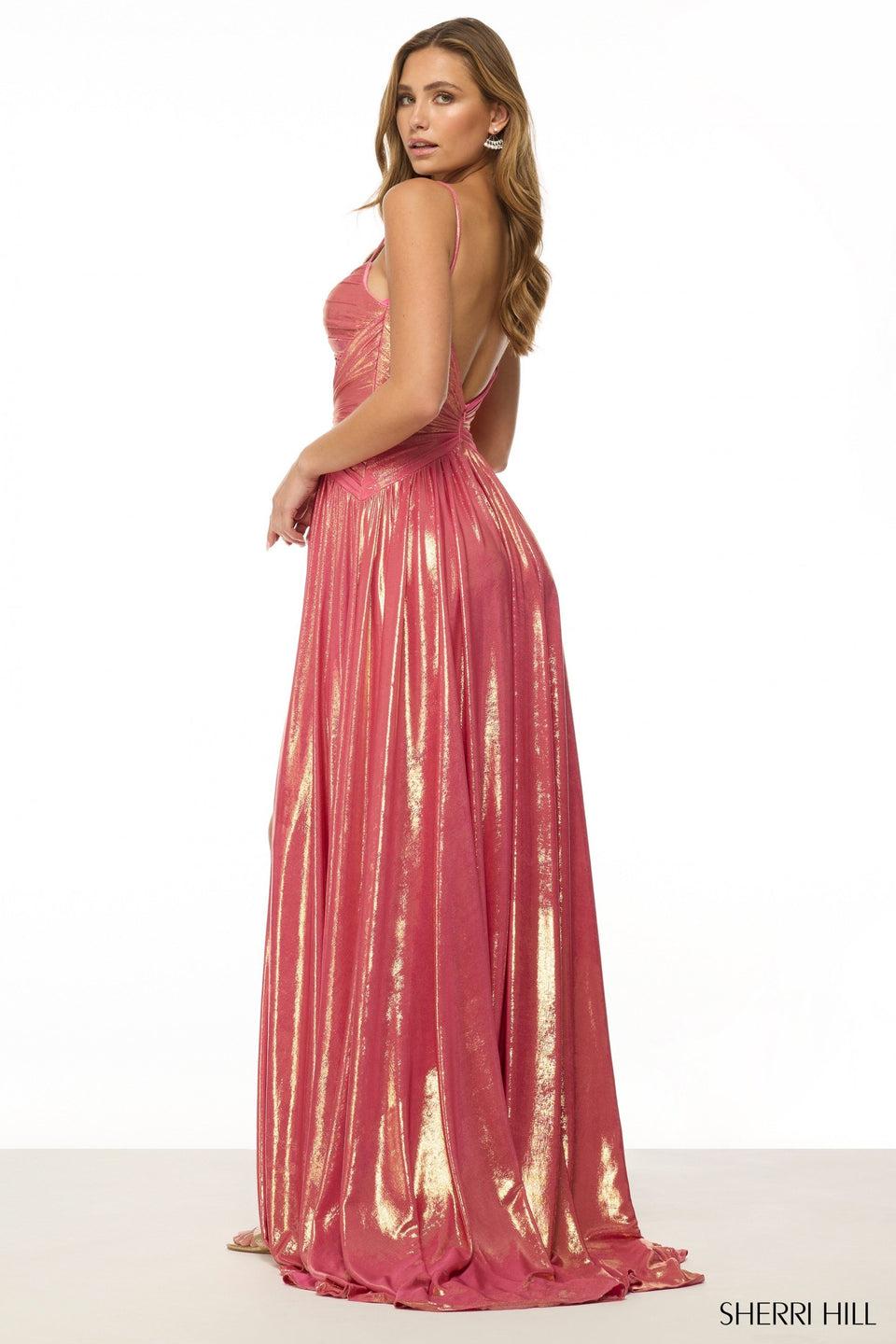 Sherri Hill Strapless Metallic Gown With Keyhole And Skirt Slit