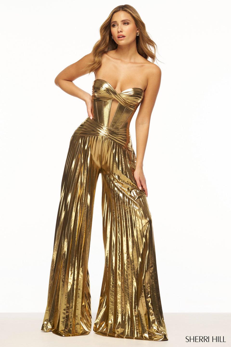 Sherri Hill Strapless Metallic Jumpsuit With Corset Bodice And Flare Pleated Pants