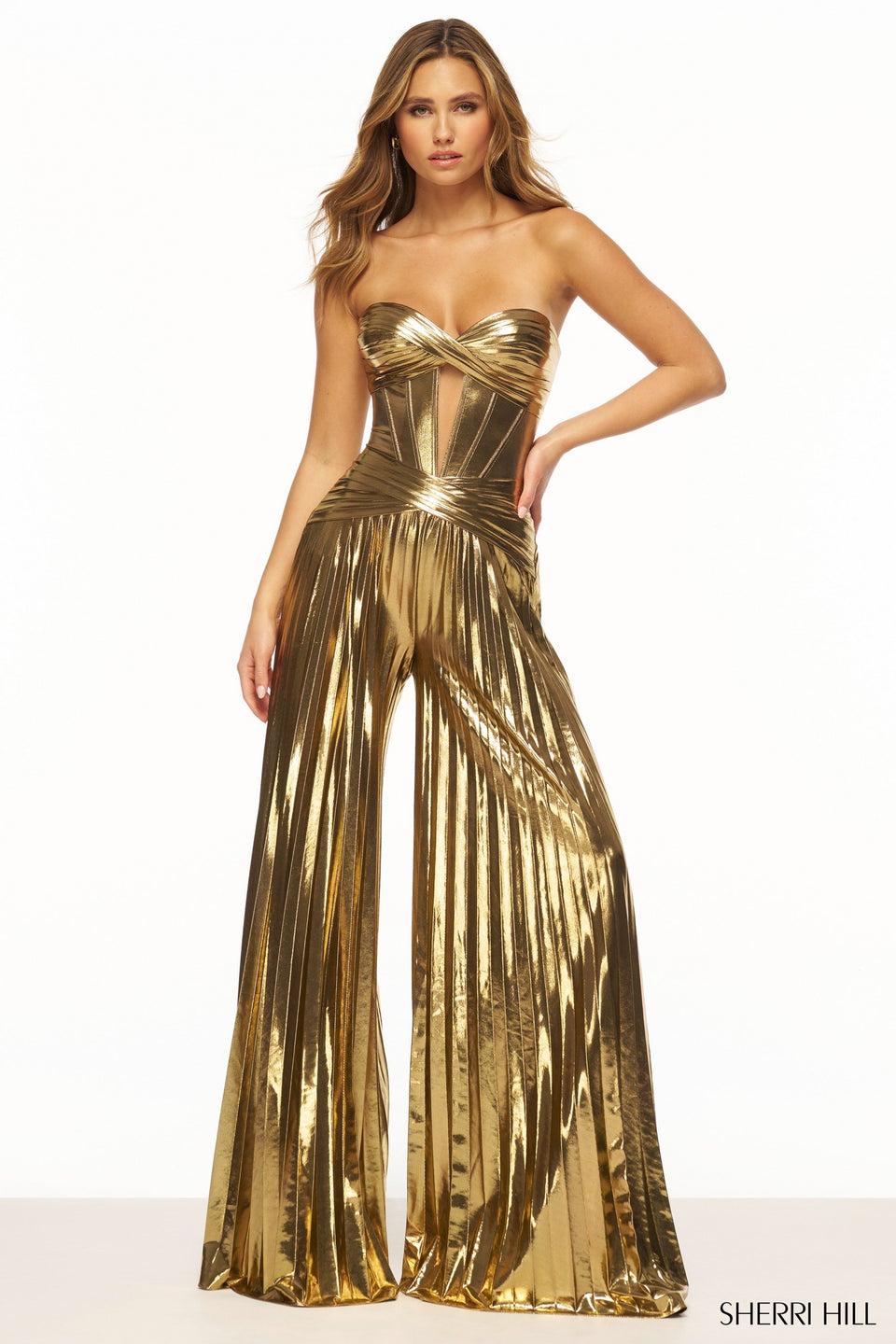 sherri hill Strapless metallic jumpsuit with corset bodice and flare pleated pants