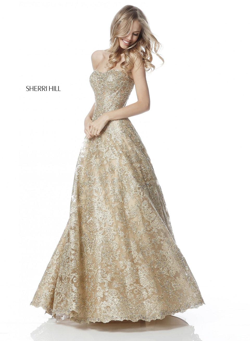 Sherri Hill Strapless Metallic Lace Gown With An A-line Skirt
