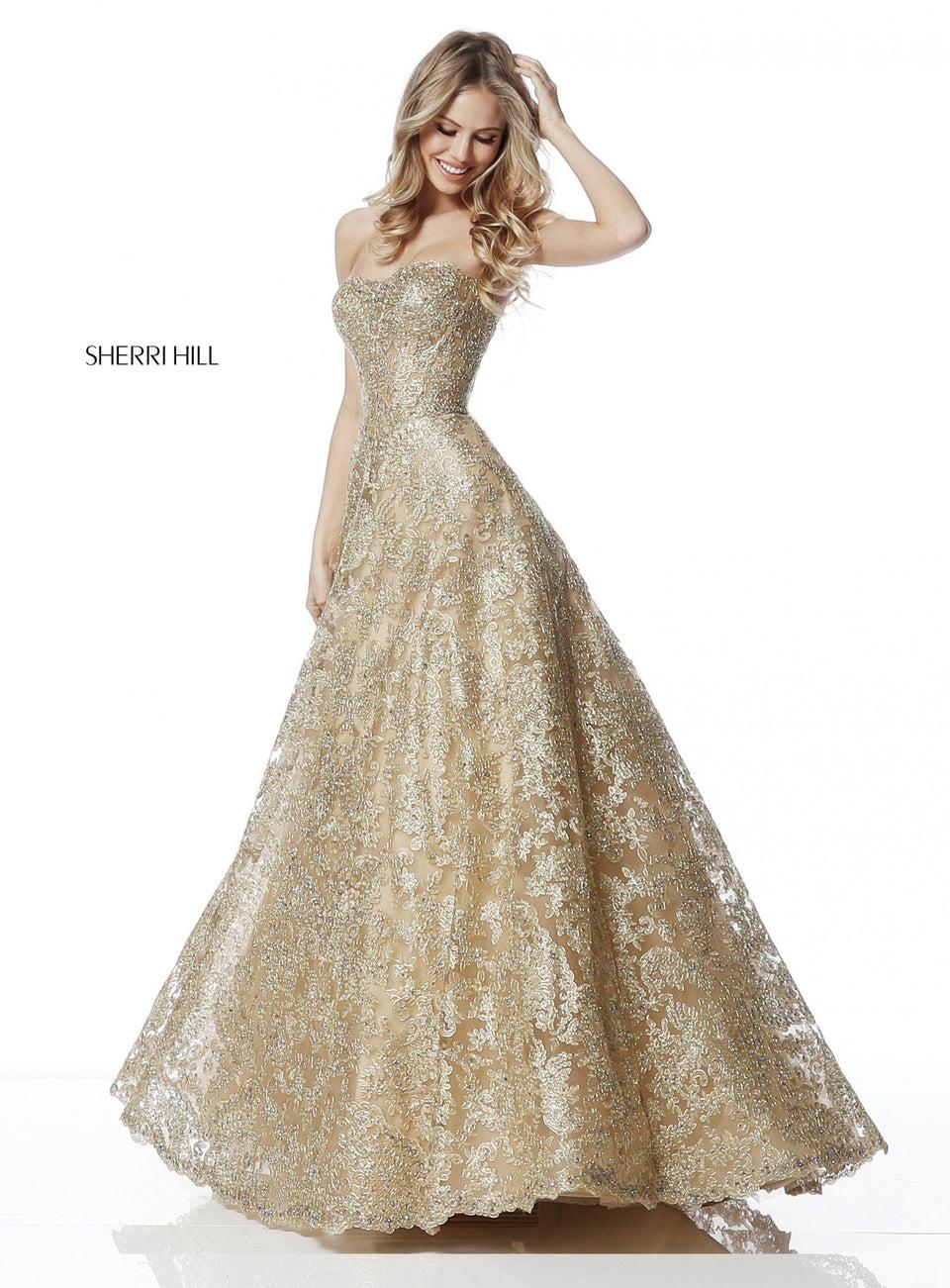 Sherri Hill Strapless Metallic Lace Gown With An A-line Skirt