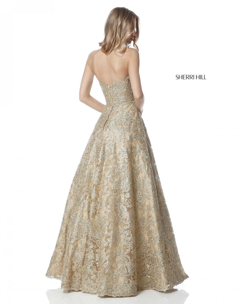 Sherri Hill Strapless Metallic Lace Gown With An A-line Skirt