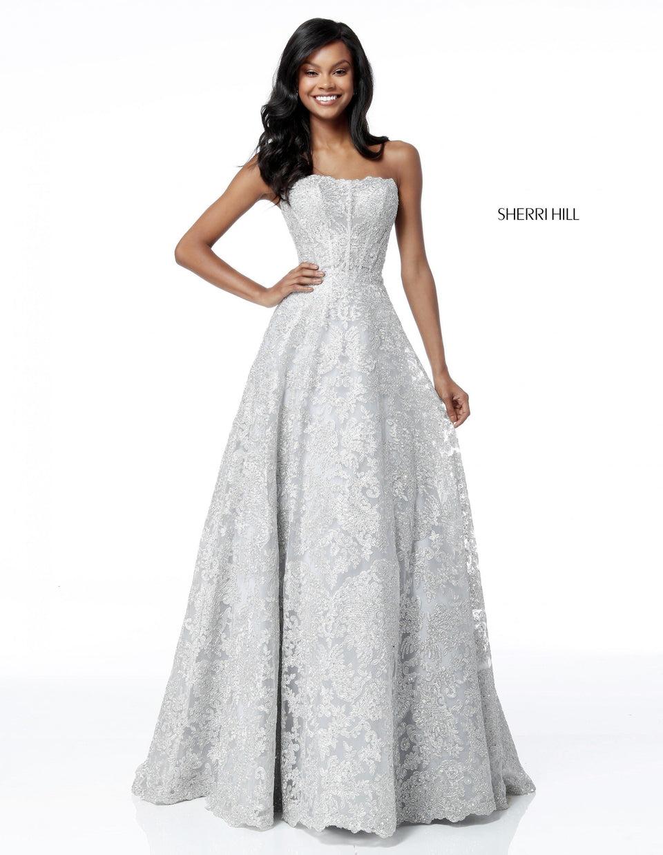 sherri hill Strapless metallic lace gown with an A-line skirt