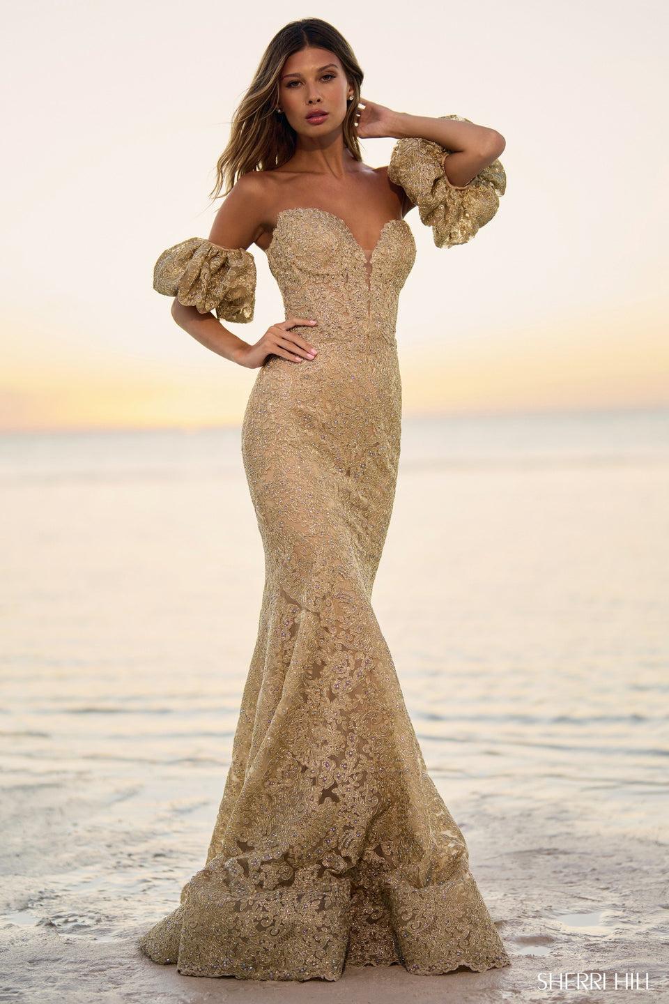 Sherri Hill Strapless Metallic Lace Gown With Lace Up Back And Balloon Sleeves