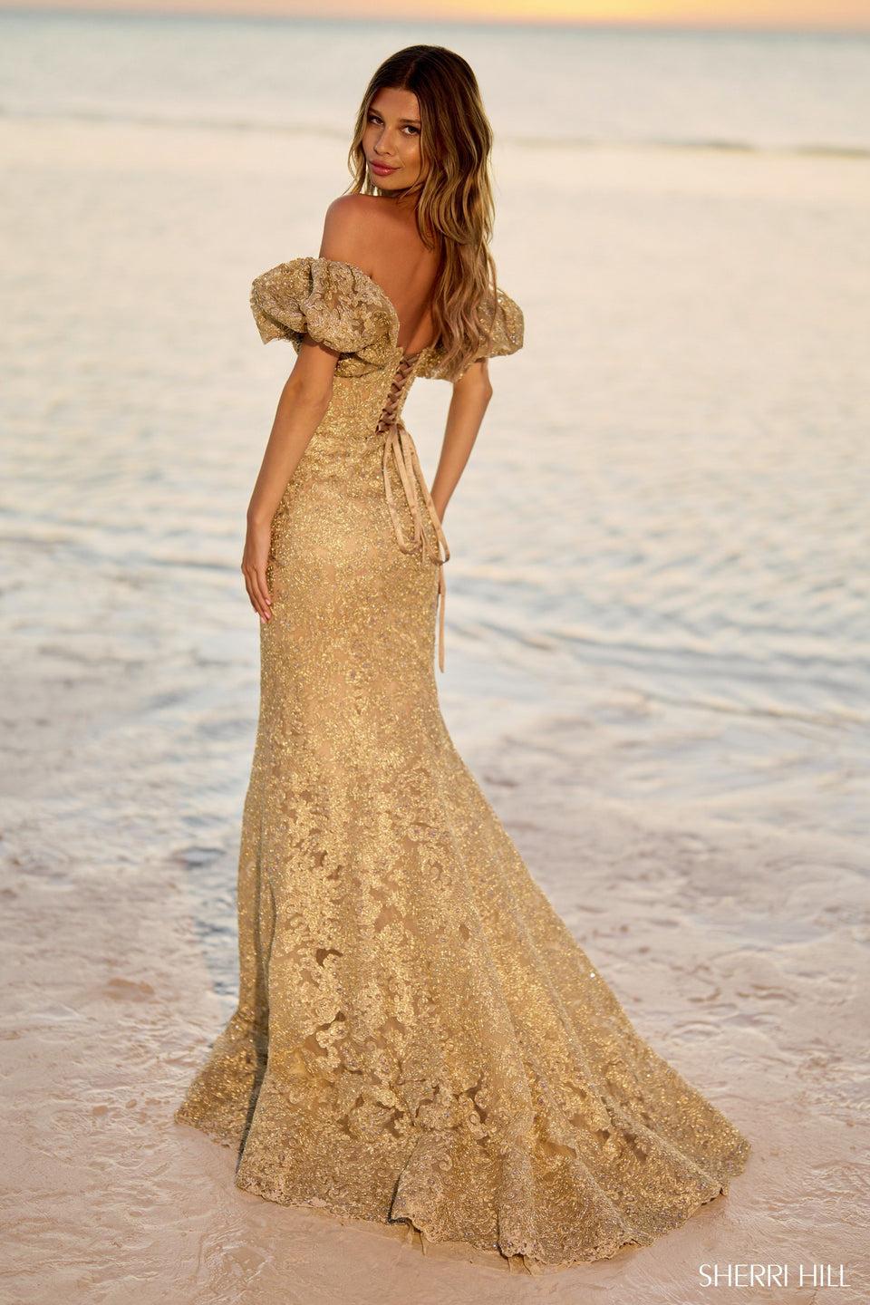 sherri hill Strapless metallic lace gown with lace up back and balloon sleeves
