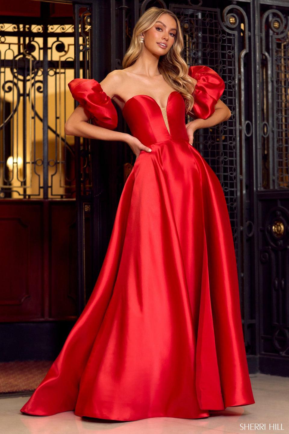 Sherri Hill Strapless Mikado A-line Gown With A Deep V-Neckline Skirt Slit And Puffy Attachable Sleeves