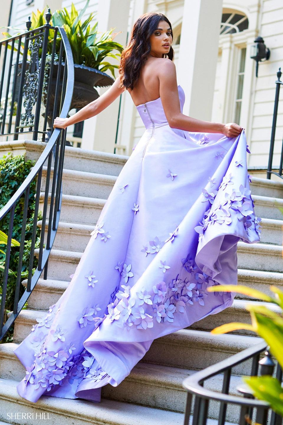 Sherri Hill Strapless Mikado A-line With 3D Floral Applique And Ruffle Front Slit