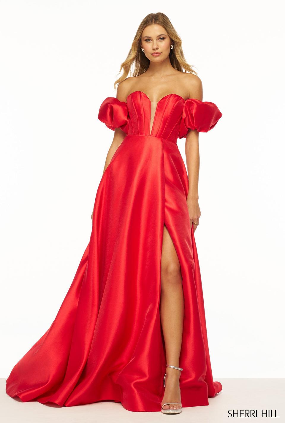Sherri Hill Strapless Mikado Ball A-line With Corset Bodice Detachable Sleeves And Skirt Slit