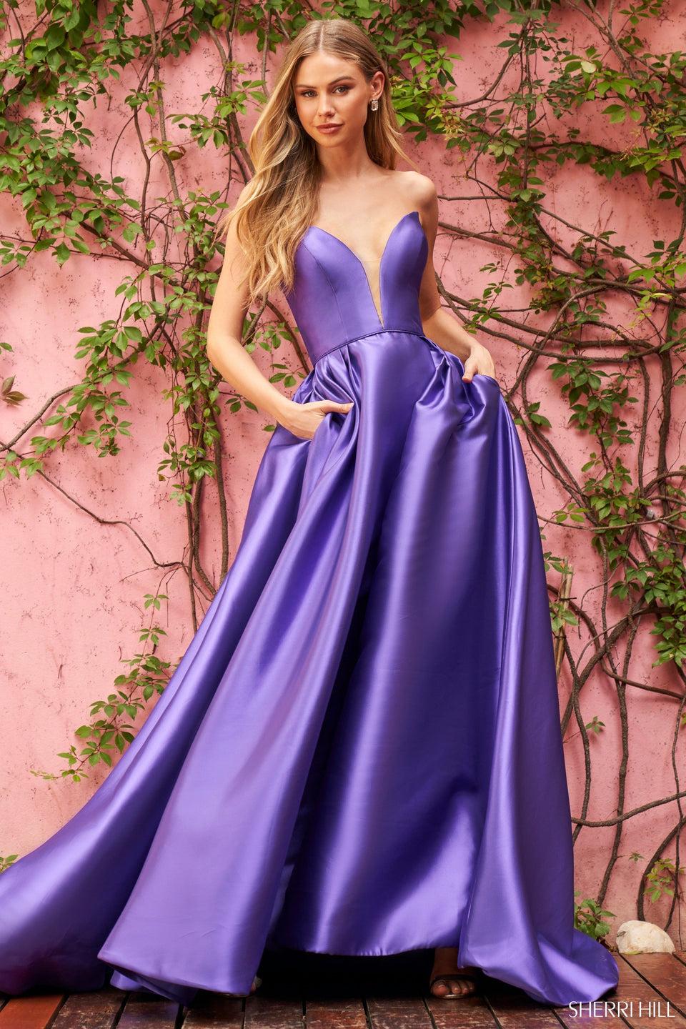 Sherri Hill Strapless Mikado Ball Gown With Deep V-Neckline Bodice And High Skirt Slit