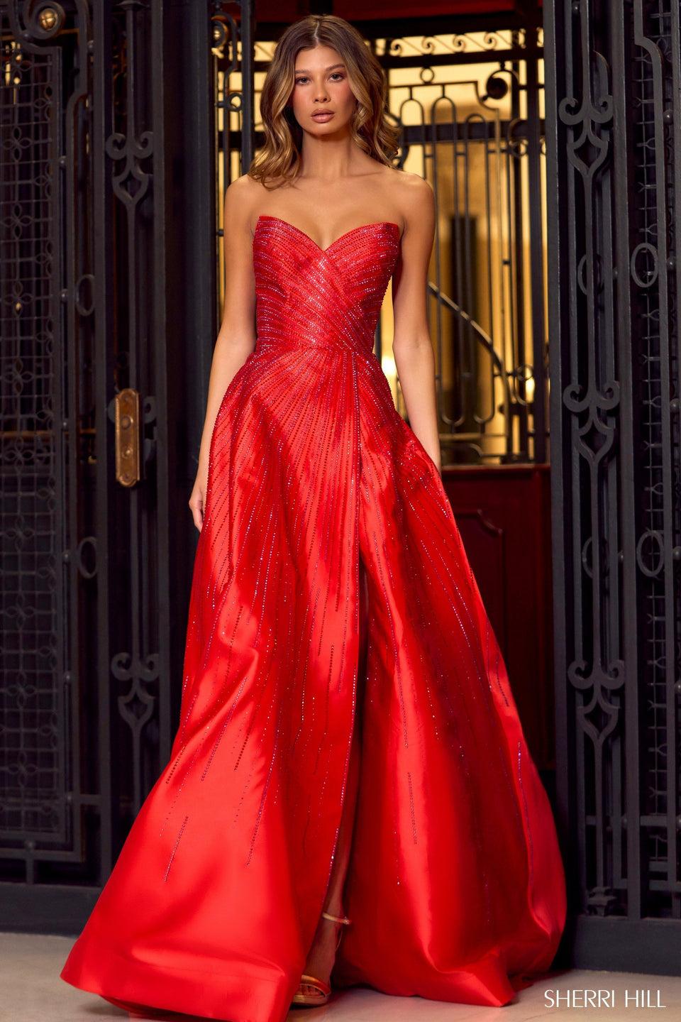 Sherri Hill Strapless Mikado Ball Gown With Hot Fix And High Slit Skirt