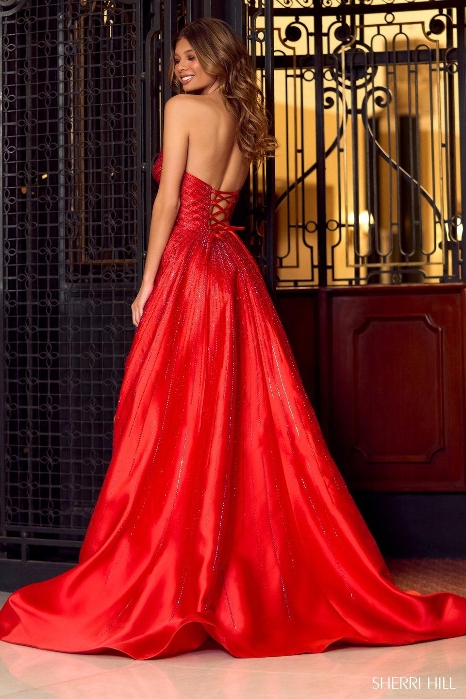Sherri Hill Strapless Mikado Ball Gown With Hot Fix And High Slit Skirt