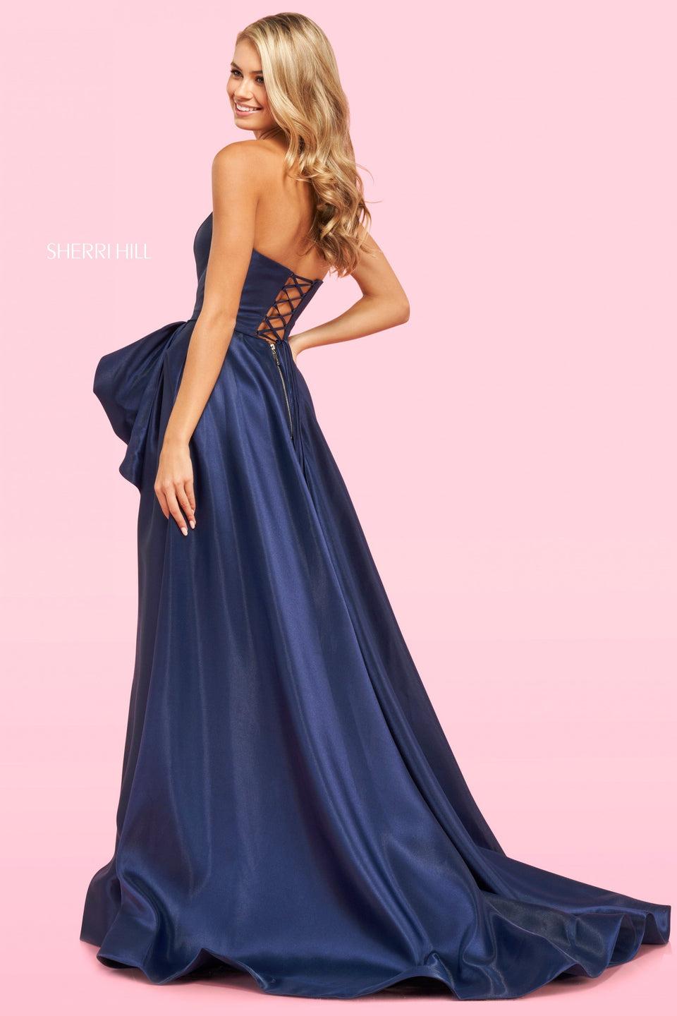 Sherri Hill Strapless Mikado Ball Gown With Underskirt That Has A High Slit And Lace Up Back
