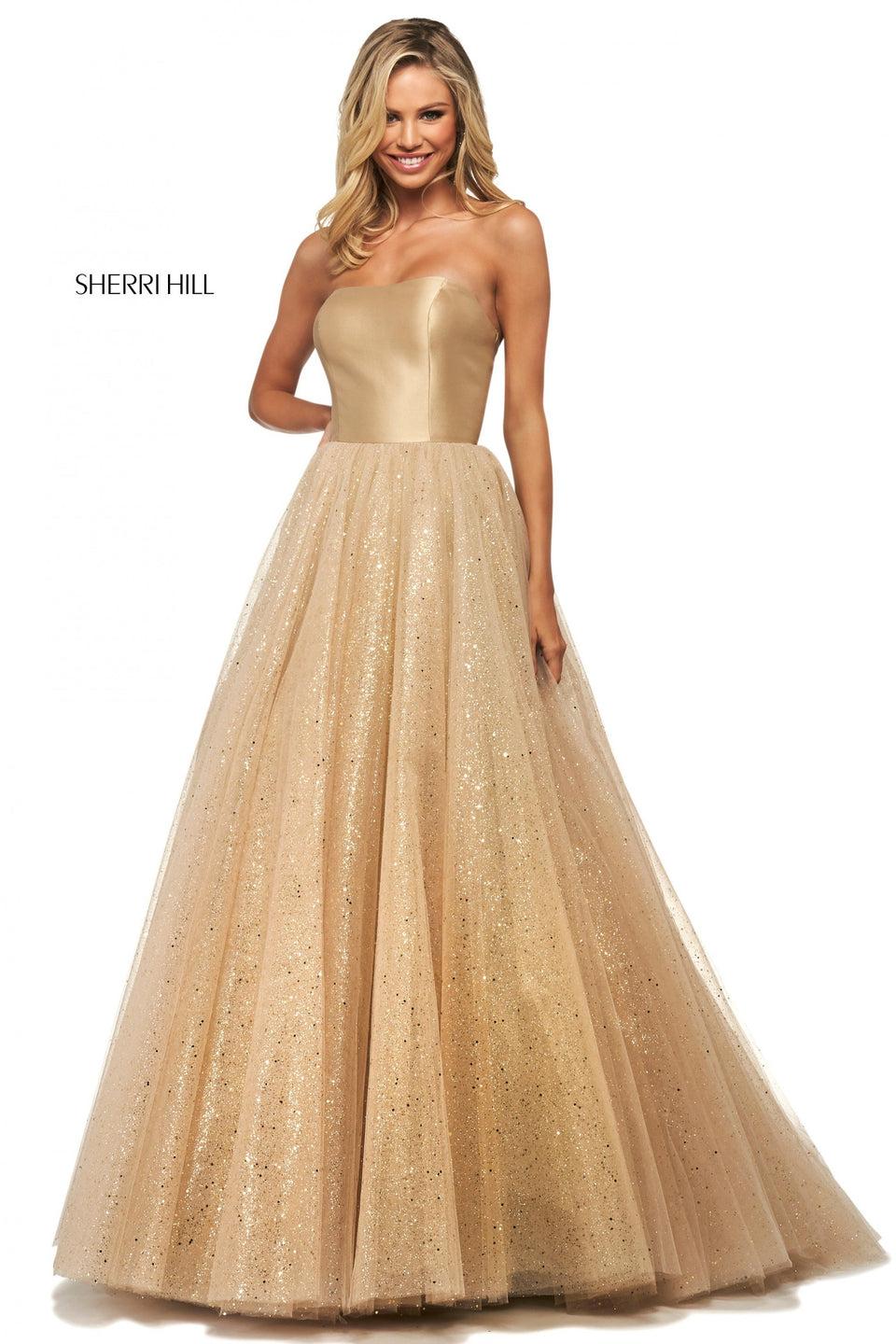 sherri hill Strapless mikado bodice with corset style lace up back and glitter tulle ball gown skirt