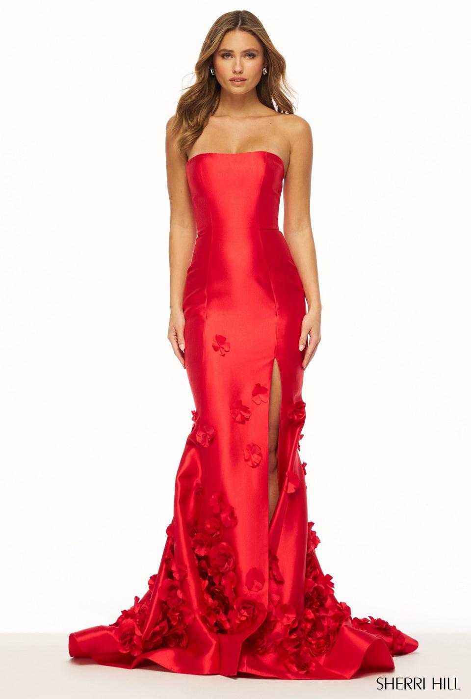 sherri hill Strapless mikado gown with 3D flower embellishments and a skirt slit