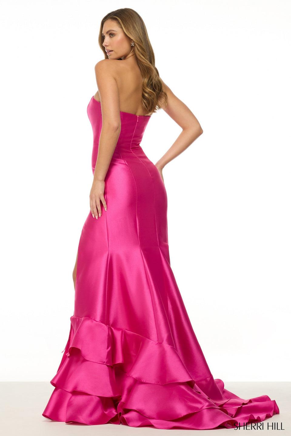 Sherri Hill Strapless Mikado Mermaid Gown With Tiered Ruffle Hem And Skirt Slit