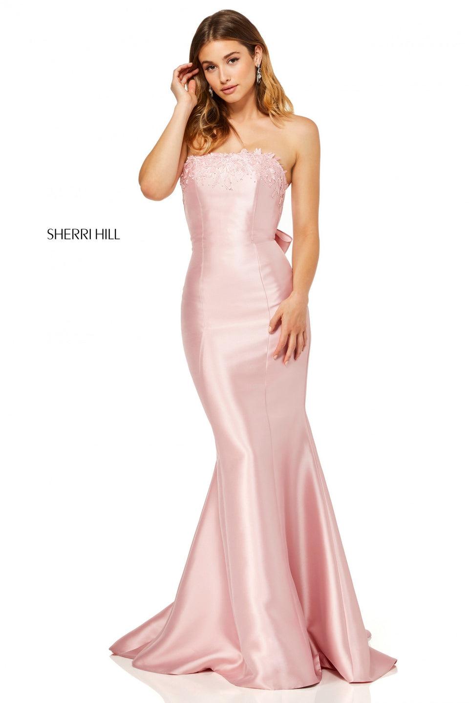 Sherri Hill Strapless Mikado Mermaid With Embroidered Neckline And Back And A Bow In The Back