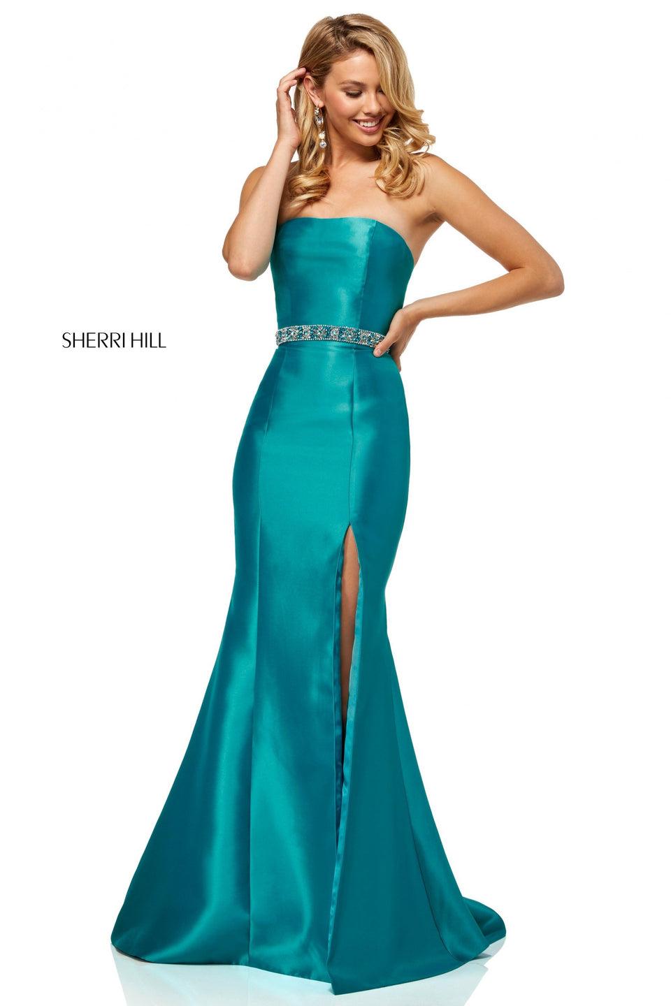 sherri hill Strapless mikado mermaid with side slit and beaded belt