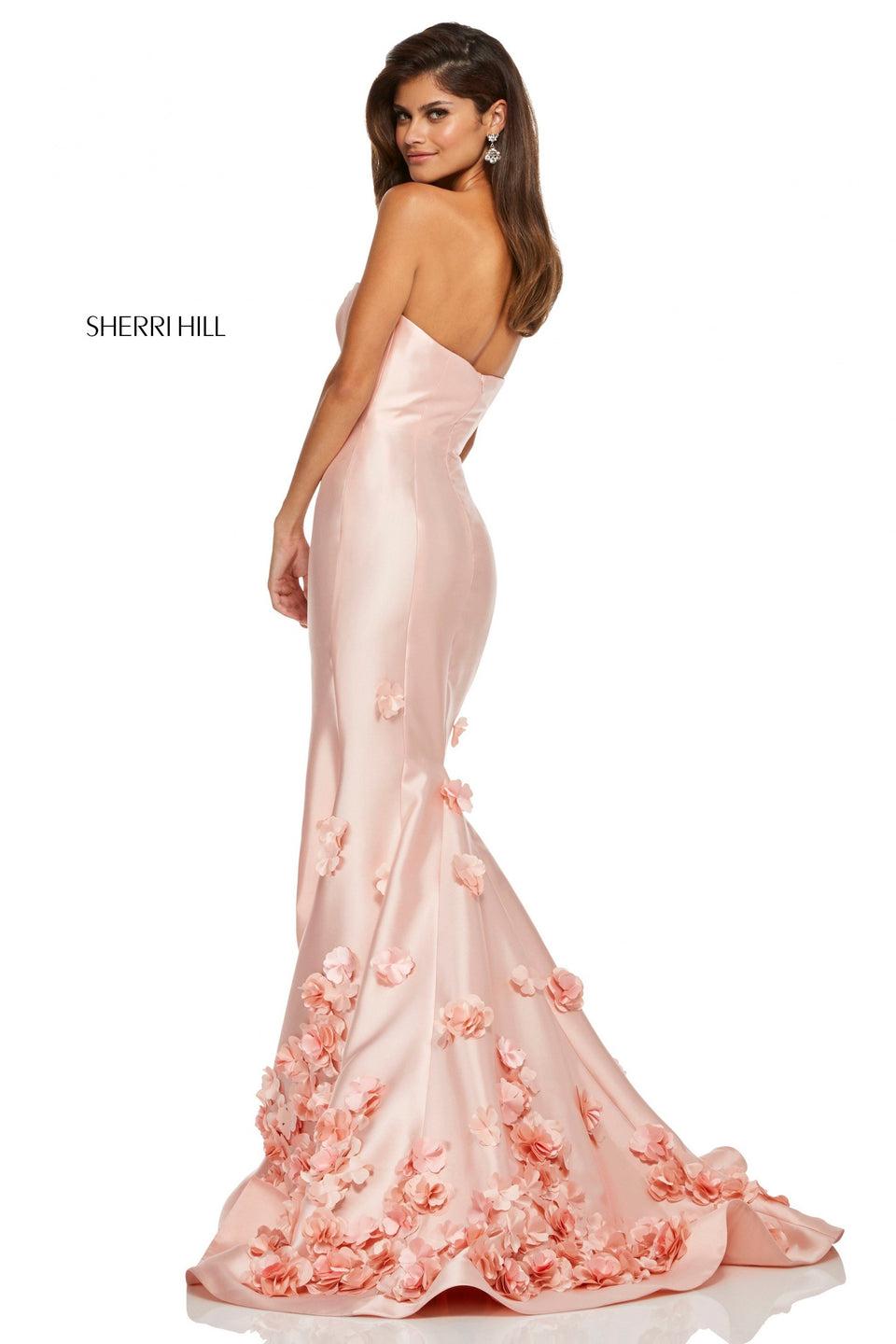 sherri hill Strapless mikado mermaid with skirt slit and 3D flowers along hem