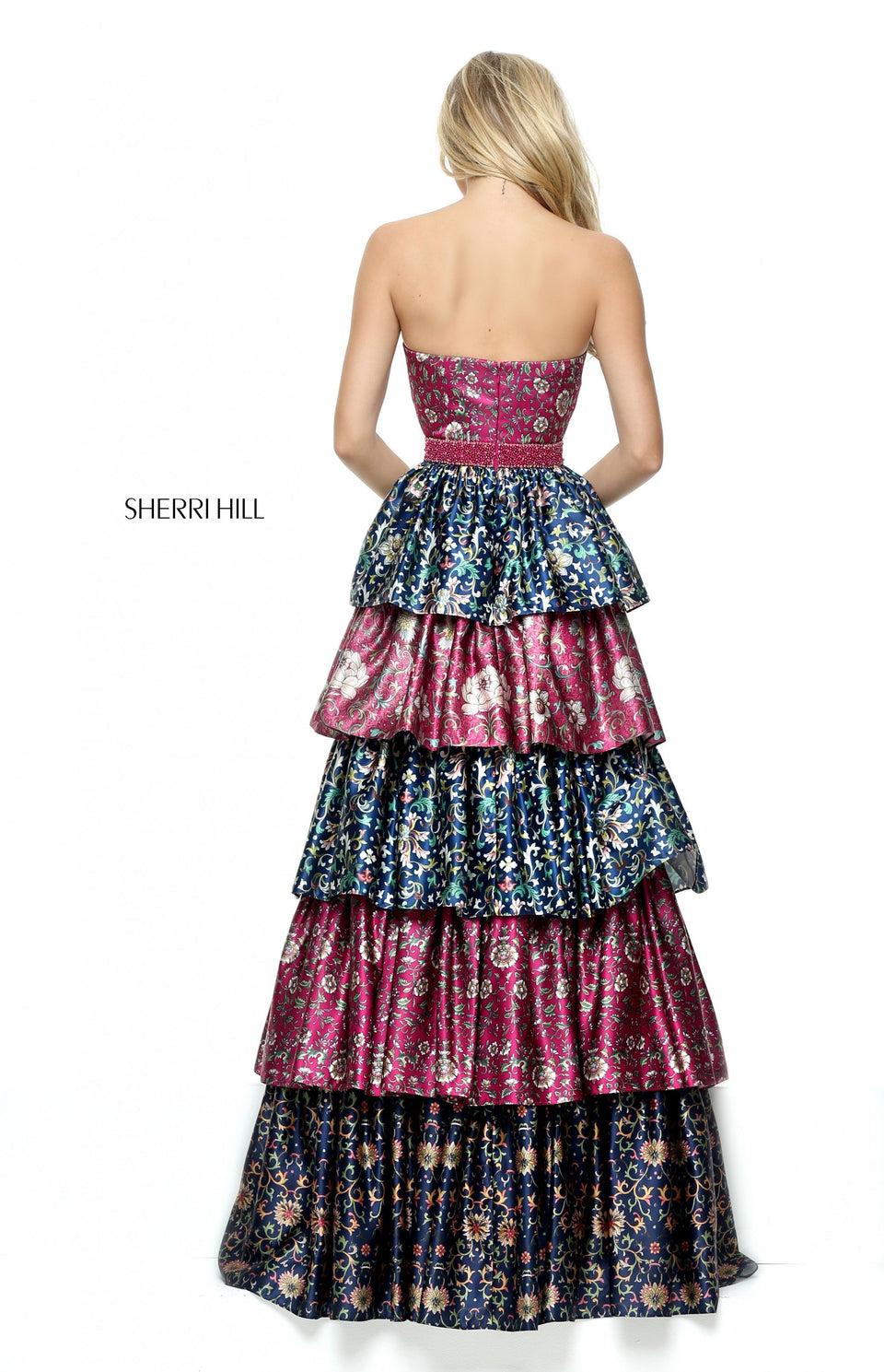 Sherri Hill Strapless Multi Print A-line Gown With Beaded Pearl Waist Band And Tiered Skirt