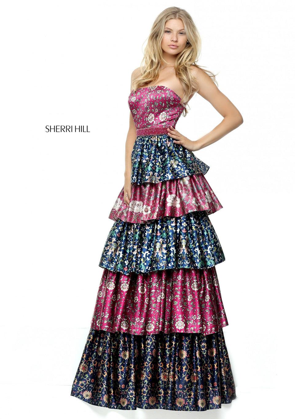 sherri hill Strapless multi print A-line gown with beaded pearl waist band and tiered skirt