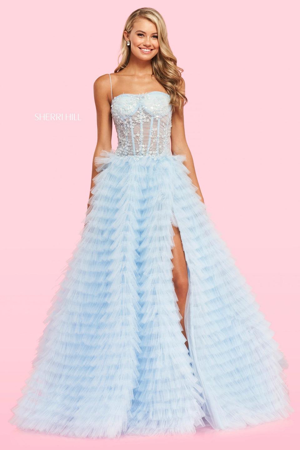 Sherri Hill Strapless Neckline Ball Gown With Sheer Laced Boned Bodice And Tulled Tiered High Slit Skirt
