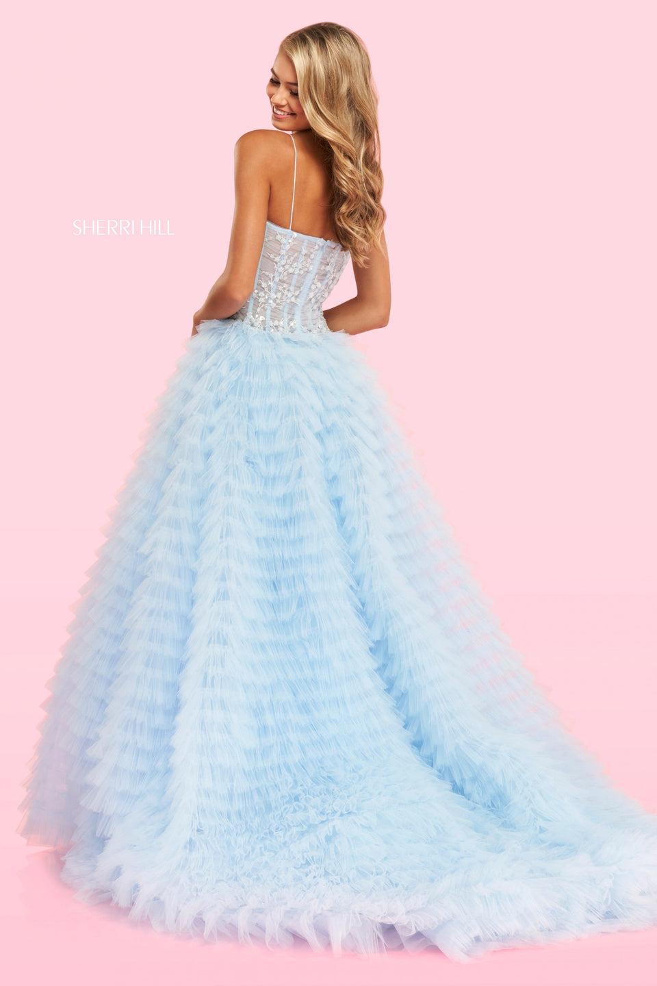Sherri Hill Strapless Neckline Ball Gown With Sheer Laced Boned Bodice And Tulled Tiered High Slit Skirt